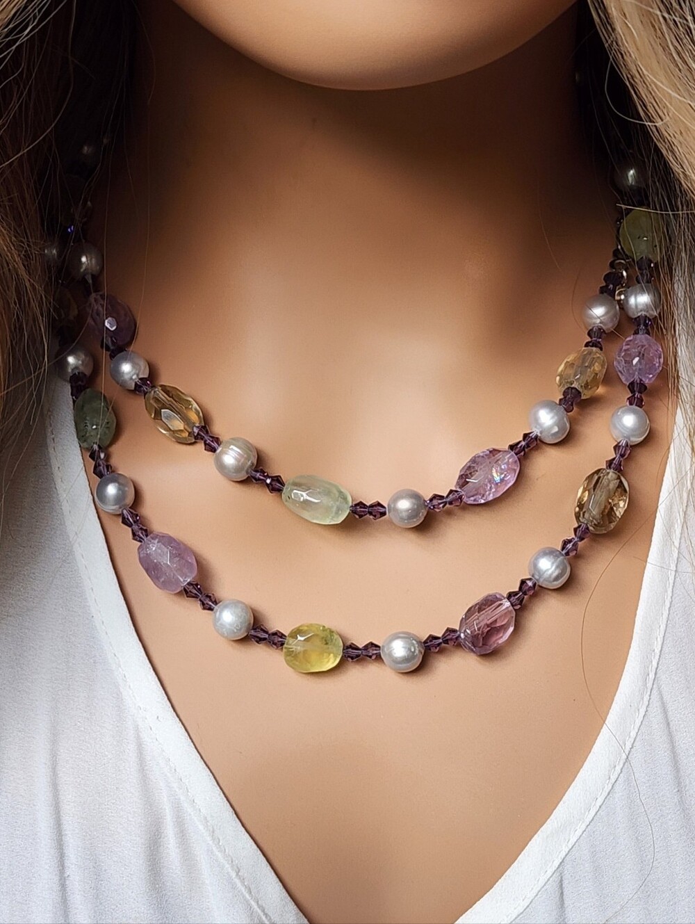 925 Silver Necklace Natural Pearl Stone Crystals Citrine Amethyst Peridot